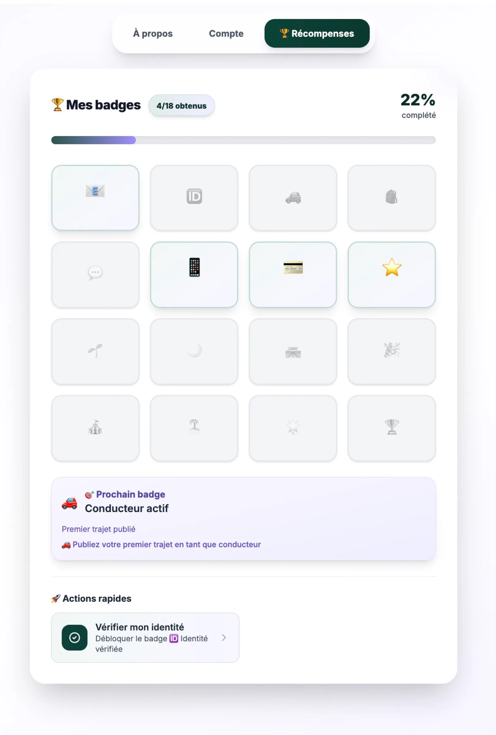 Écran des badges et récompenses sur mobile