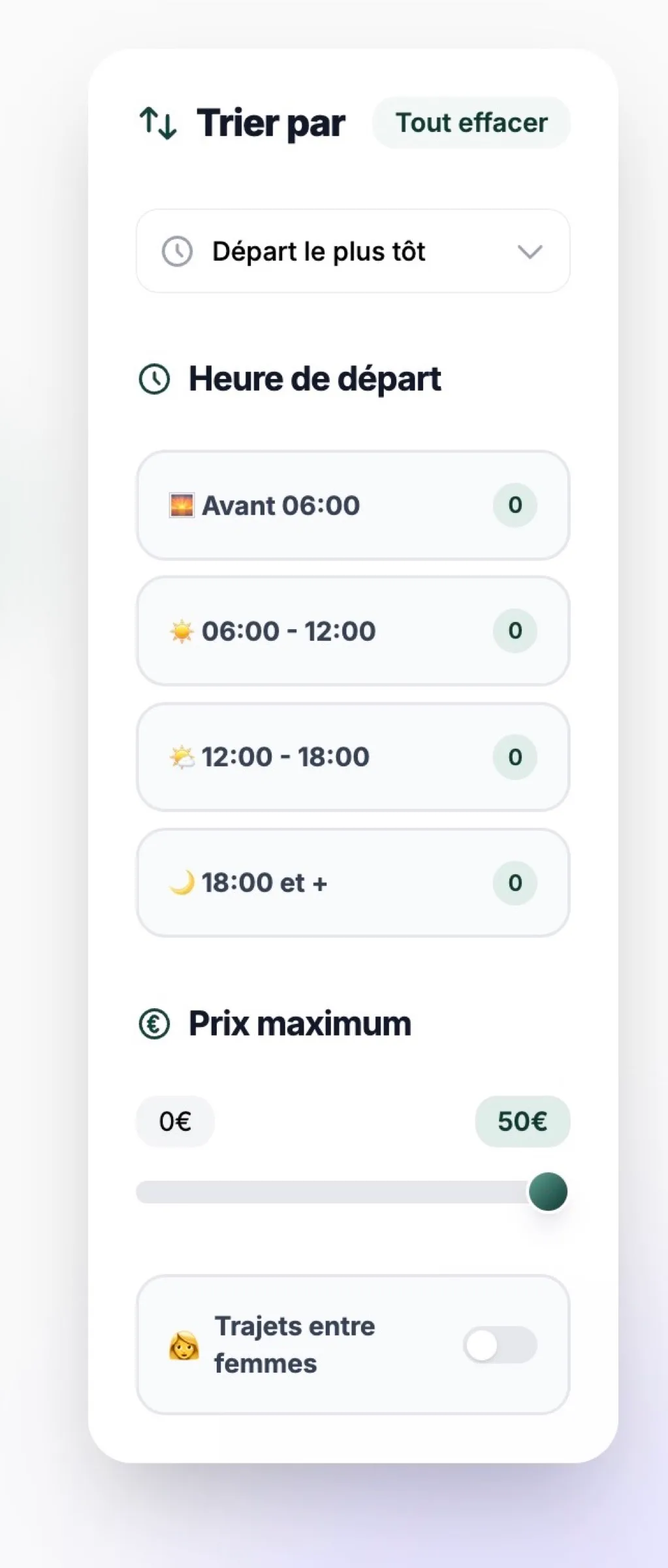 Filtres de recherche de trajets sur mobile
